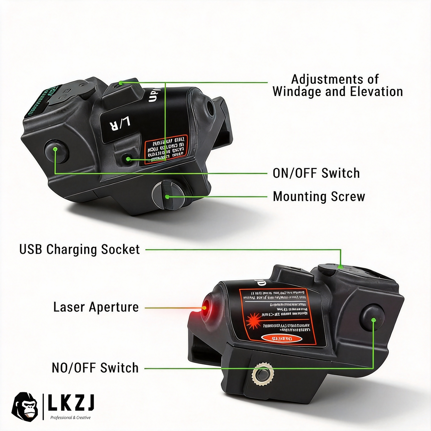 USB Rechargeable Mini Laser With Adjustable Rail  Adapts to 20-23mm Rails