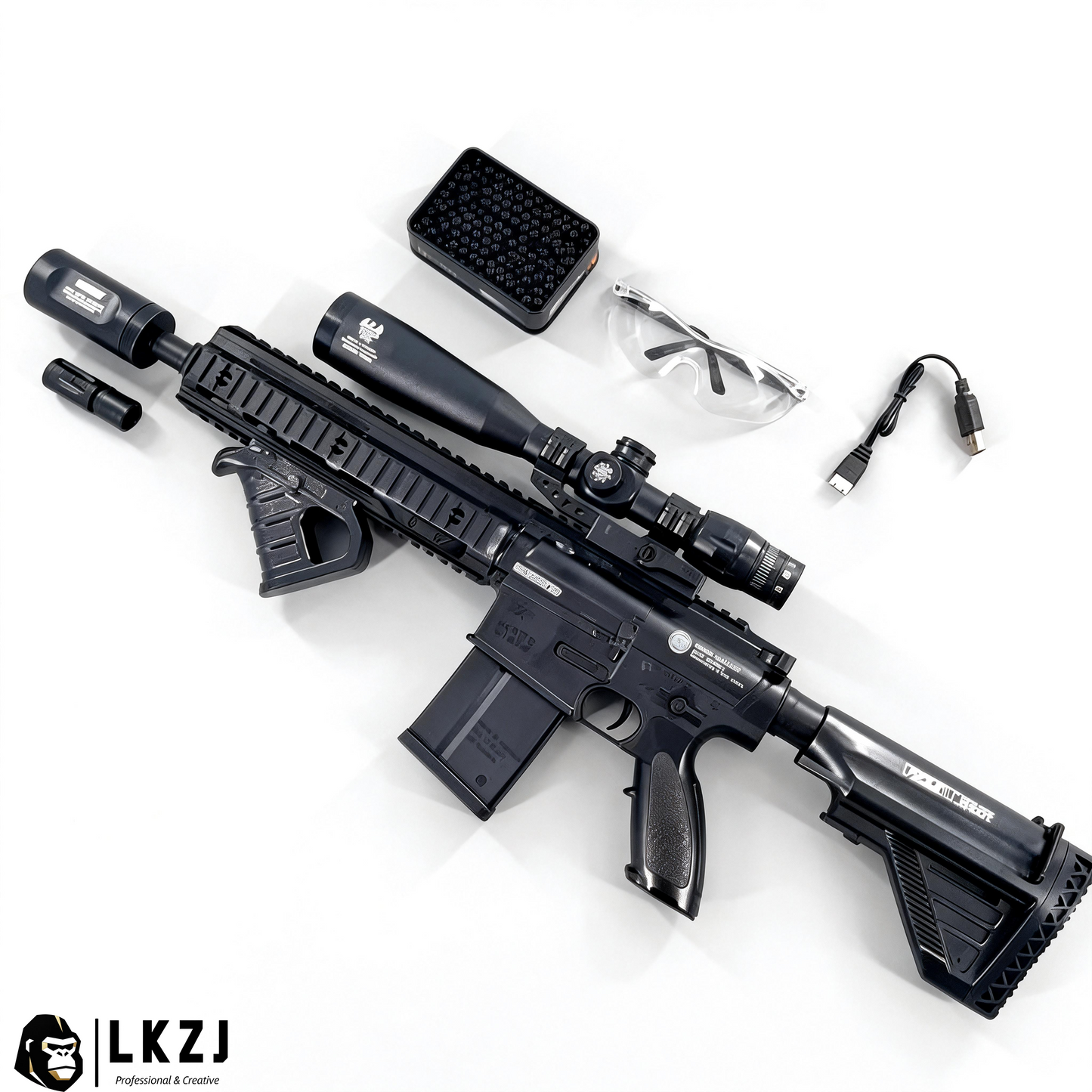 Exquisite Engraving HK417 Gel Blaster High Rate of Fire  Smooth Shooting With 7 Colors of Lighted Silencer