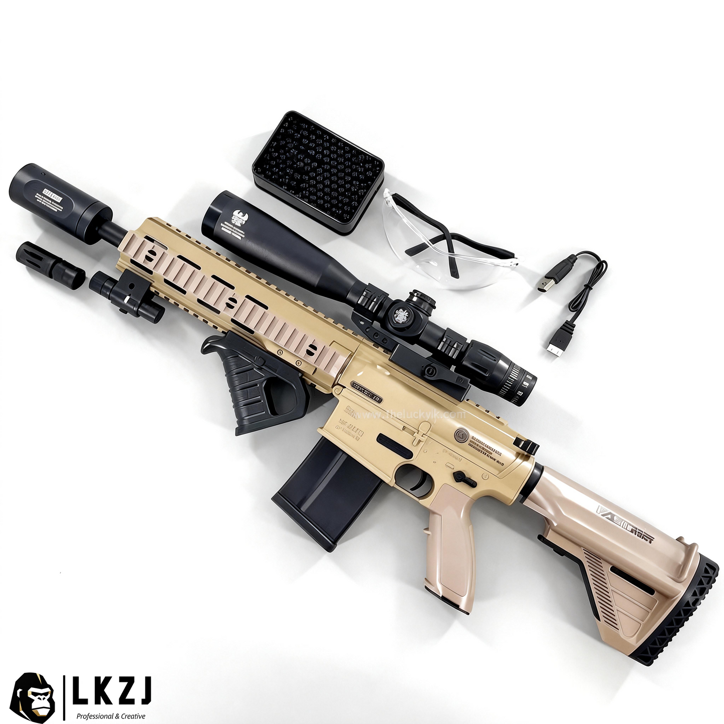 Exquisite Engraving HK417 Gel Blaster High Rate of Fire  Smooth Shooting With 7 Colors of Lighted Silencer